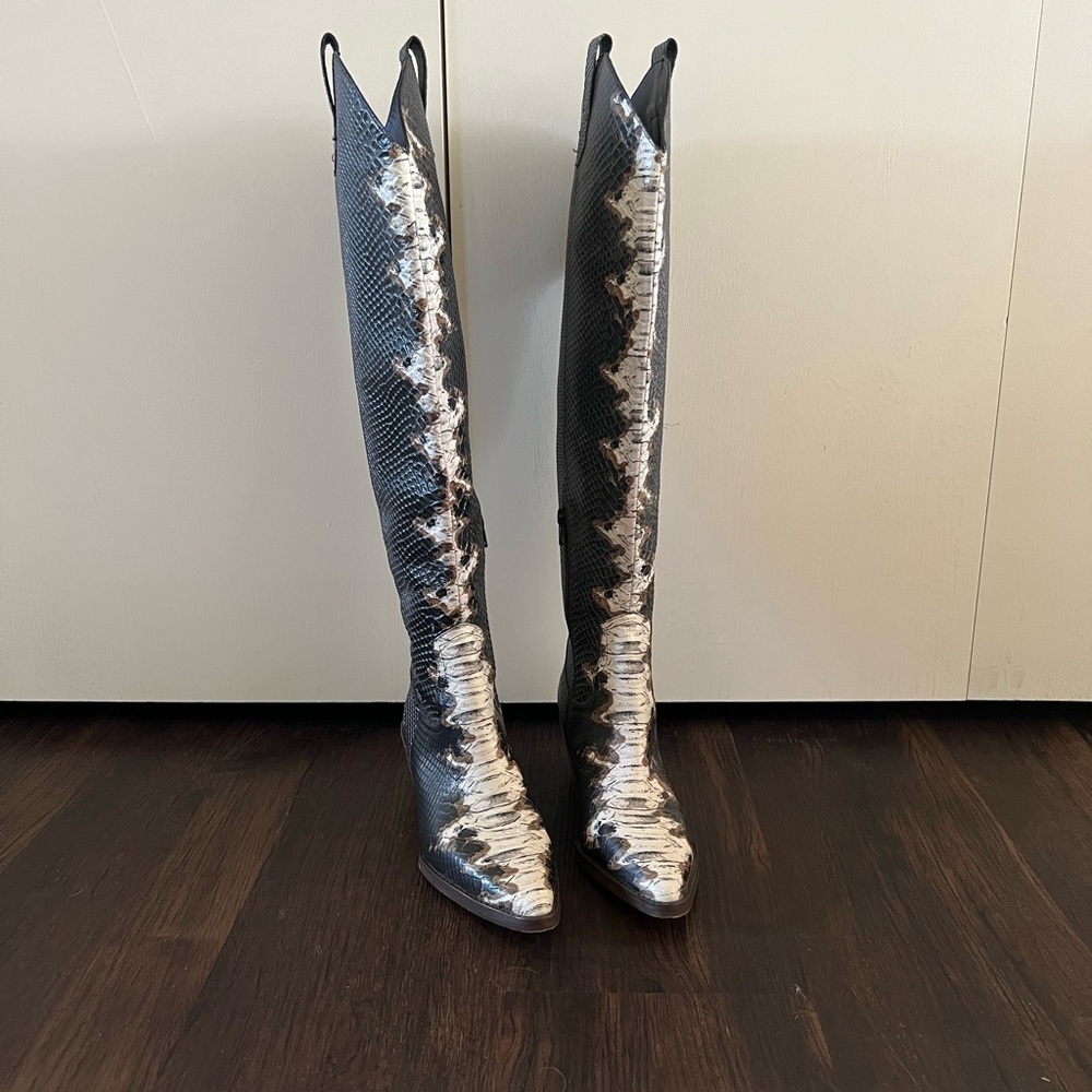 Gianni Bini Black Snakeskin Over the Knee Cowboy Boots